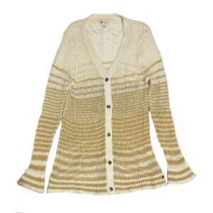 Roxy Striped Knit Cardigan Sweater Beige Tan Open Front Women's Size L‎